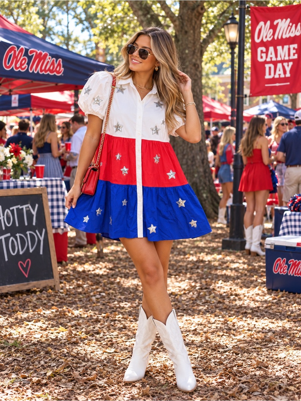 Main Strip Shirt Dress S Blue Sequin Stars Puff sleeve ole miss game day rodeo